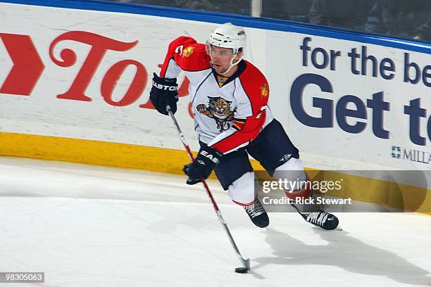 Keith Ballard of the Florida Panthers skates with the puck during the game against the Buffalo Sabres at HSBC Arena on March 31, 2010 in Buffalo, New...