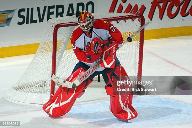 Tomas Vokoun of the Florida Panthers makes a save during the game against the Buffalo Sabres at HSBC Arena on March 31, 2010 in Buffalo, New York.