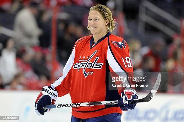 Nicklas Backstrom of the Washington Capitals warms up before the game against the Ottawa Senators at the Verizon Center on March 30, 2010 in...