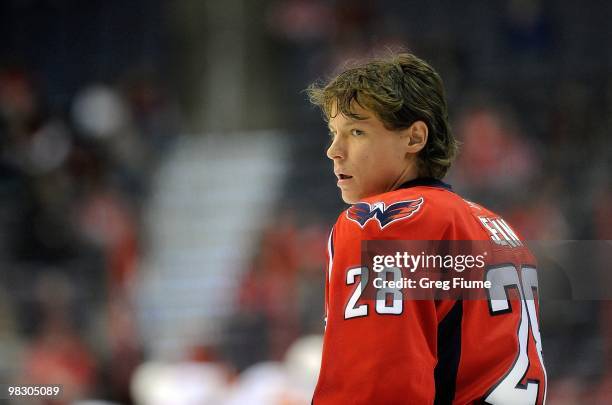 Alexander Semin of the Washington Capitals warms up before the game against the Calgary Flames at the Verizon Center on March 28, 2010 in Washington,...