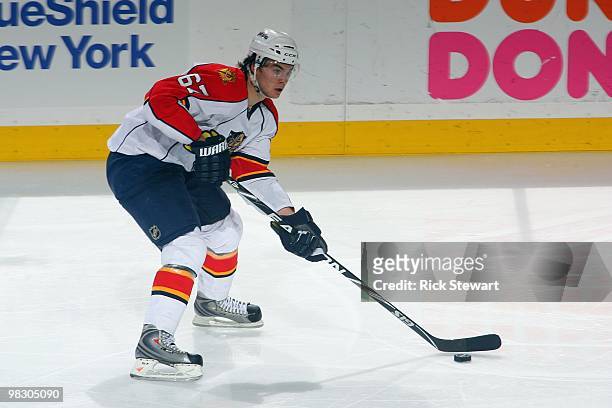 Michael Frolik of the Florida Panthers skates with the puck during the game against the Buffalo Sabres at HSBC Arena on March 31, 2010 in Buffalo,...