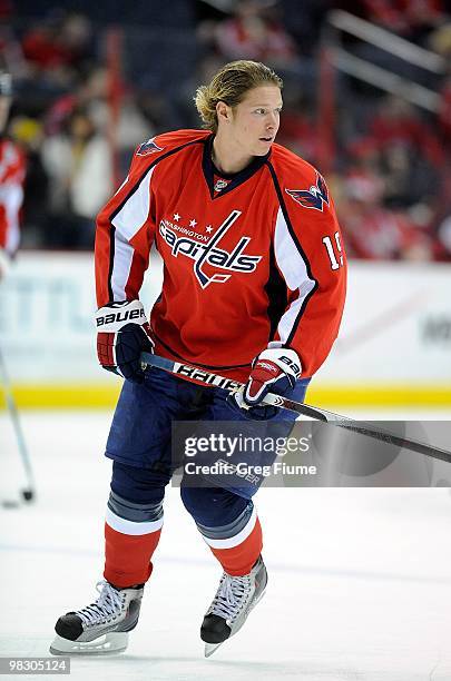 Nicklas Backstrom of the Washington Capitals warms up before the game against the Calgary Flames at the Verizon Center on March 28, 2010 in...