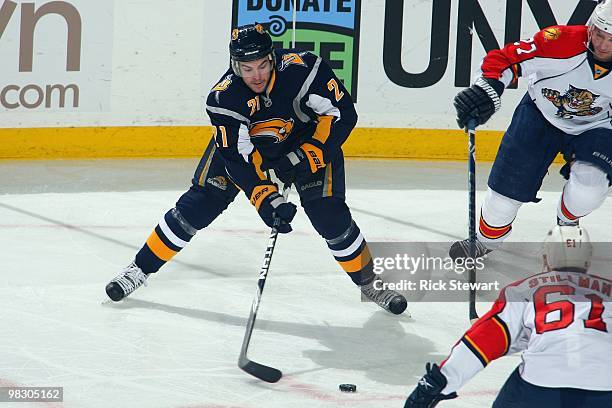 Drew Stafford of the Buffalo Sabres skates with the puck during the game against the Florida Panthers at HSBC Arena on March 31, 2010 in Buffalo, New...