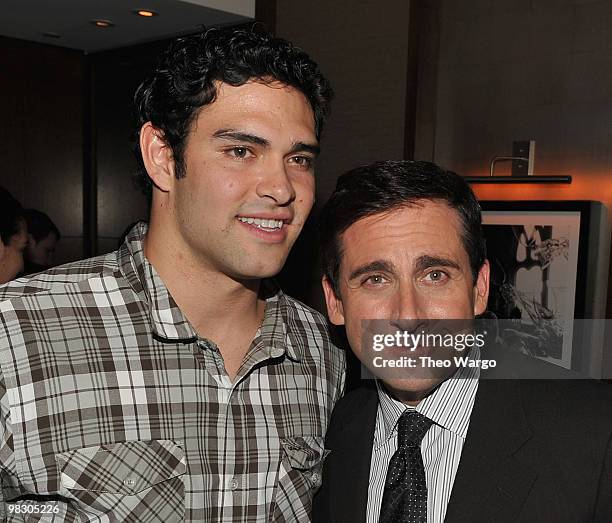 Mark Sanchez and Steve Carell attend the after party for the premiere of "Date Night" at Aureole on April 6, 2010 in New York City.