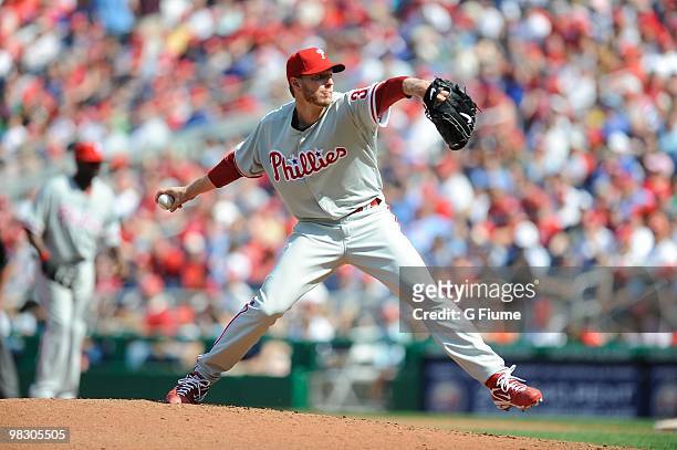 Roy Halladay of the Philadelphia Phillies pitches against the Washington Nationals on Opening Day at Nationals Park on April 5, 2010 in Washington,...