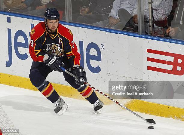 Bryan McCabe of the Florida Panthers clears the puck from behind the Panther net against the Ottawa Senators on April 6, 2010 at the BankAtlantic...