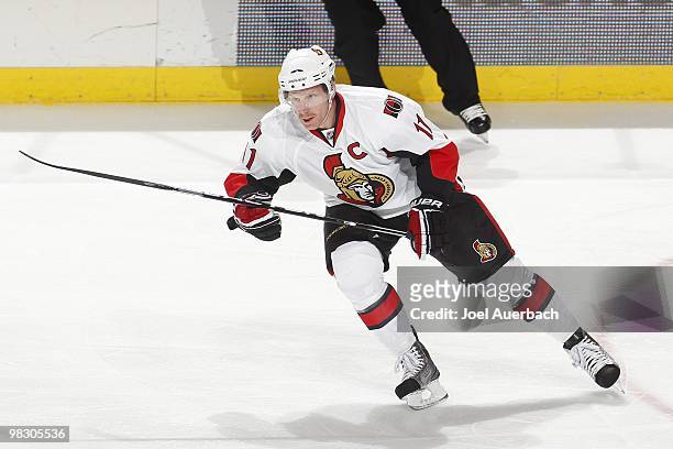 Daniel Alfredsson of the Ottawa Senators skates up ice against the Florida Panthers on April 6, 2010 at the BankAtlantic Center in Sunrise, Florida....