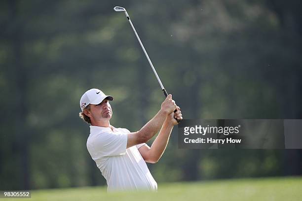 Lucas Glover watches a shot during a practice round prior to the 2010 Masters Tournament at Augusta National Golf Club on April 7, 2010 in Augusta,...