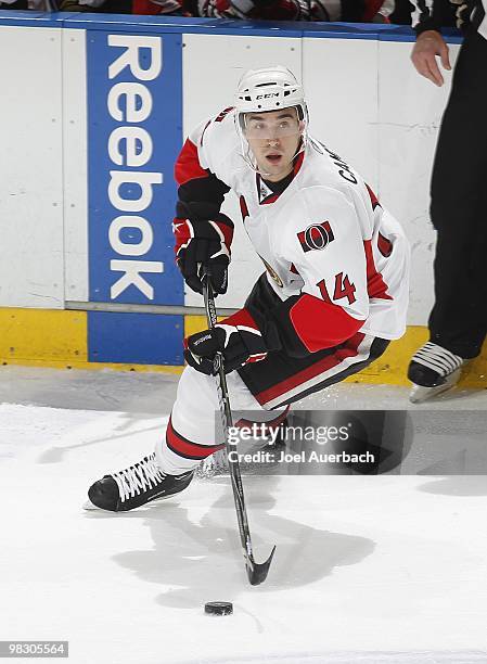 Chris Campoli of the Ottawa Senators sktes with the puck at the blue line against the Florida Panthers on April 6, 2010 at the BankAtlantic Center in...