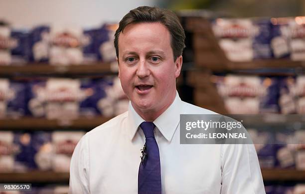 British Opposition Conservative Party leader David Cameron addresses an audience at the Warburtons bread factory in Bolton, north-west England, on...