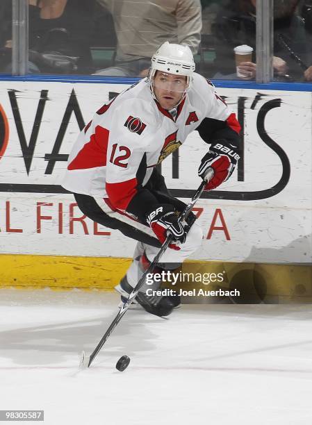 Mike Fisher of the Ottawa Senators skates with the puck against the Florida Panthers on April 6, 2010 at the BankAtlantic Center in Sunrise, Florida....