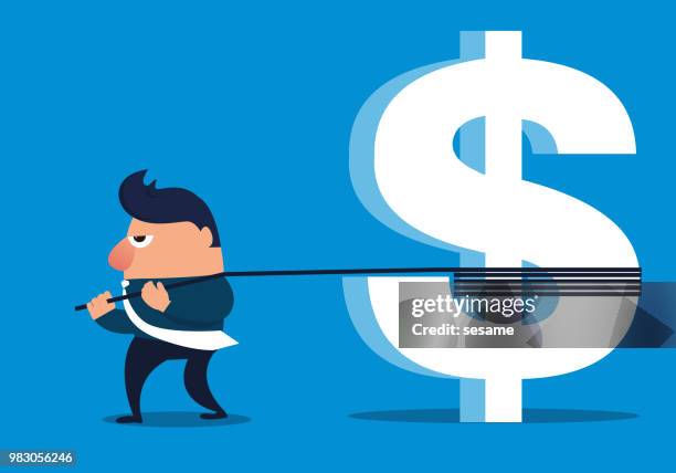 businessman pulling a dollar with a rope - unhappy salesman stock illustrations