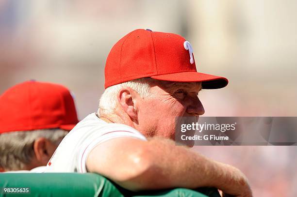 Manager Charlie Manuel of the Philadelphia Phillies watches the game against the Washington Nationals on Opening Day at Nationals Park on April 5,...