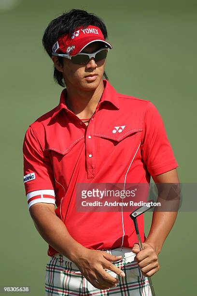 Ryo Ishikawa of Japan looks on during a practice round prior to the 2010 Masters Tournament at Augusta National Golf Club on April 7, 2010 in...