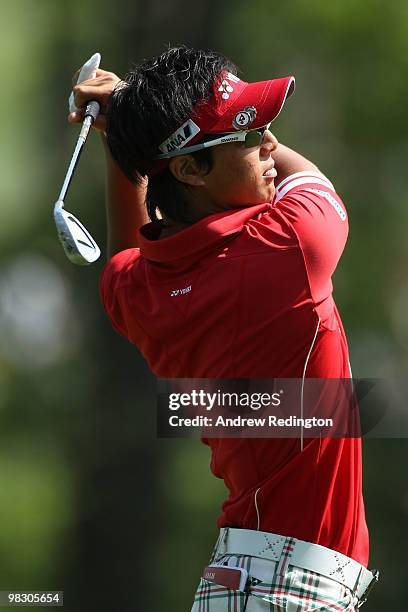 Ryo Ishikawa of Japan hits a shot during a practice round prior to the 2010 Masters Tournament at Augusta National Golf Club on April 7, 2010 in...