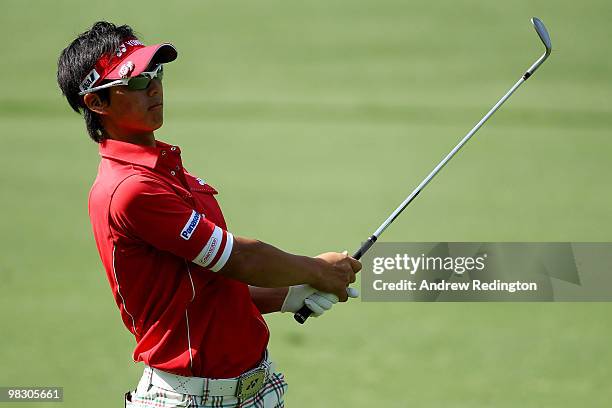 Ryo Ishikawa of Japan hits a shot during a practice round prior to the 2010 Masters Tournament at Augusta National Golf Club on April 7, 2010 in...