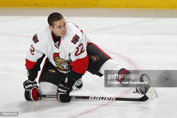 Chris Kelly of the Ottawa Senators stretches prior to the game against the Florida Panthers on April 6, 2010 at the BankAtlantic Center in Sunrise,...
