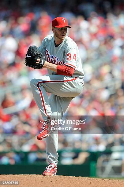 Roy Halladay of the Philadelphia Phillies pitches against the Washington Nationals on Opening Day at Nationals Park on April 5, 2010 in Washington,...