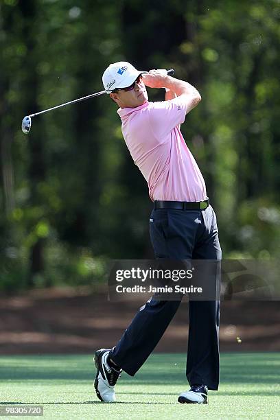 Zach Johnson hits a shot during a practice round prior to the 2010 Masters Tournament at Augusta National Golf Club on April 7, 2010 in Augusta,...