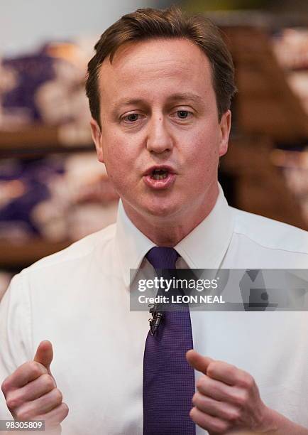 British Opposition Conservative Party leader David Cameron addresses an audience at the Warburtons bread factory in Bolton, north-west England, on...