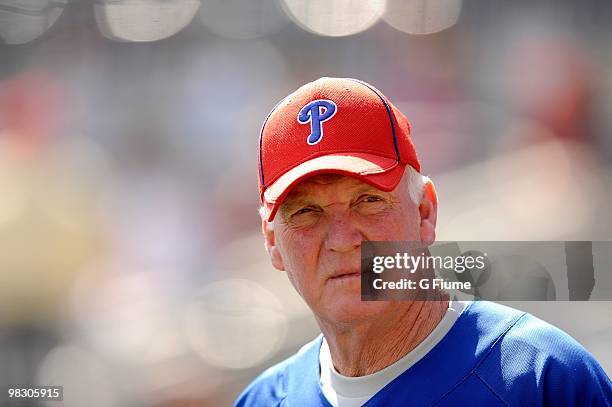 Manager Charlie Manuel of the Philadelphia Phillies watches batting practice before the game against the Washington Nationals on Opening Day at...