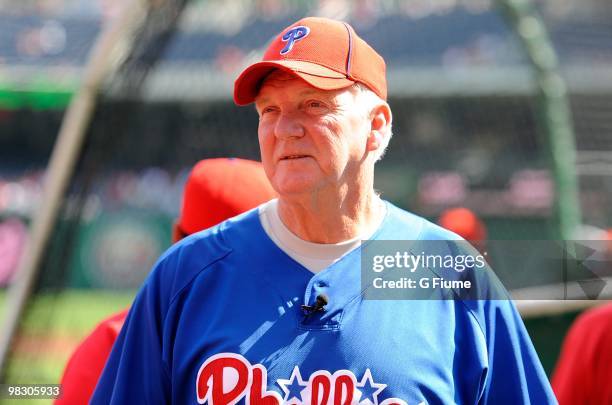 Manager Charlie Manuel of the Philadelphia Phillies watches batting practice before the game against the Washington Nationals on Opening Day at...
