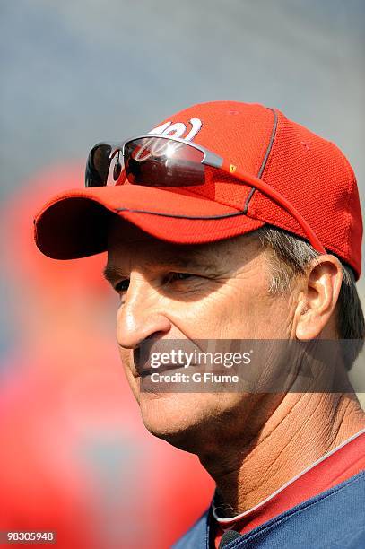 Manager Jim Riggleman of the Washington Nationals watches batting practice before the game against the Philadelphia Phillies on Opening Day at...