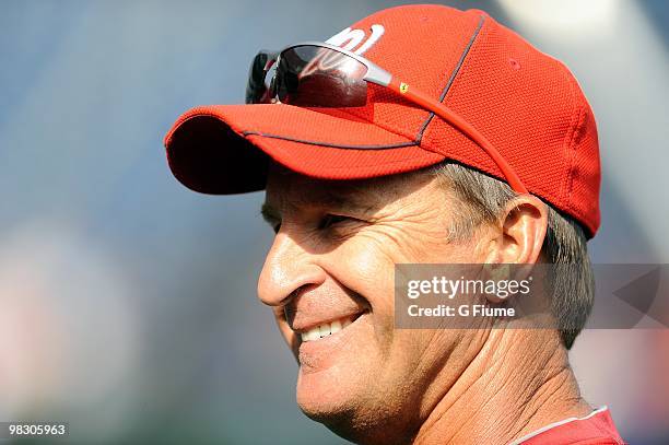 Manager Jim Riggleman of the Washington Nationals watches batting practice before the game against the Philadelphia Phillies on Opening Day at...