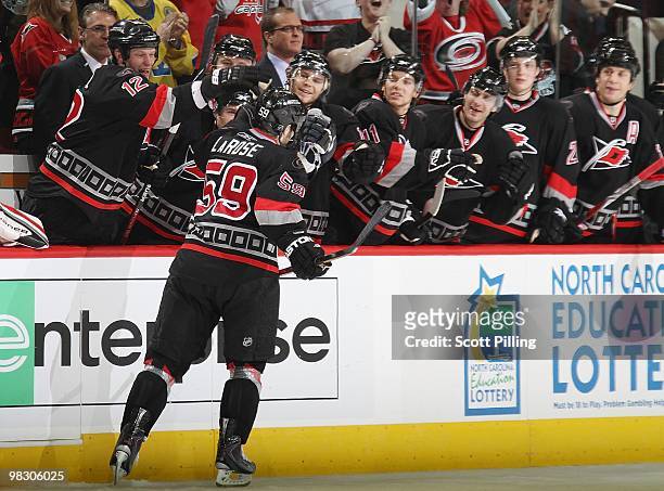 Chad LaRose of the Carolina Hurricanes celebrate his shootout goal in overtime during their NHL game against the Washington Capitals on March 25,...
