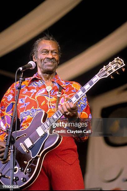 Chuck Berry performing at the New Orleans Jazz & Heritage Festival on April 30 1995