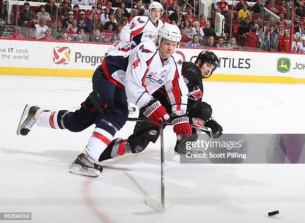 Chad LaRose of the Carolina Hurricanes of the Washington Capitals during their NHL game on March 25, 2010 at the RBC Center in Raleigh, North...