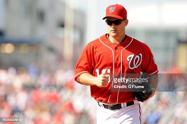 Josh Willingham of the Washington Nationals runs in from the outfield during the game against the Philadelphia Phillies on Opening Day at Nationals...