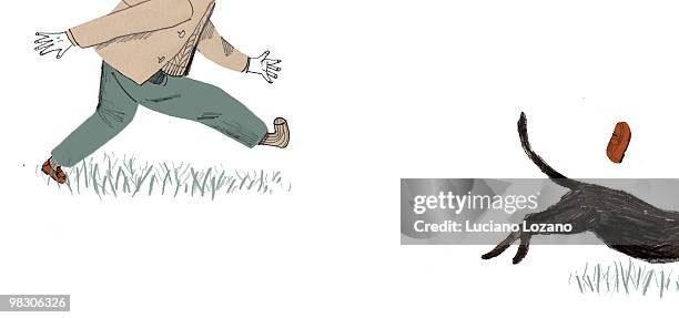 flying shoes - boy running with dog stock-grafiken, -clipart, -cartoons und -symbole