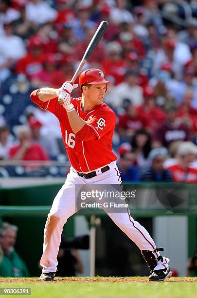 Josh Willingham of the Washington Nationals bats against the Philadelphia Phillies on Opening Day at Nationals Park on April 5, 2010 in Washington,...