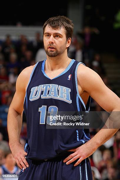 Mehmet Okur of the Utah Jazz stands on the court during the game against the Sacramento Kings on February 26, 2010 at Arco Arena in Sacramento,...