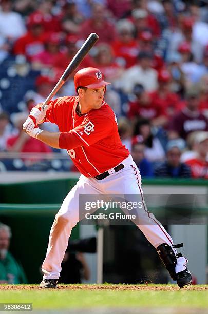 Josh Willingham of the Washington Nationals bats against the Philadelphia Phillies on Opening Day at Nationals Park on April 5, 2010 in Washington,...