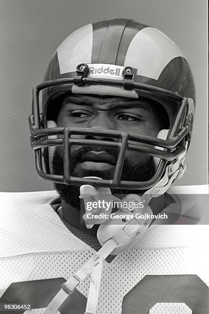 Running back Jewerl Thomas of the Los Angeles Rams looks on from the sideline during a National Football League game against the Pittsburgh Steelers...