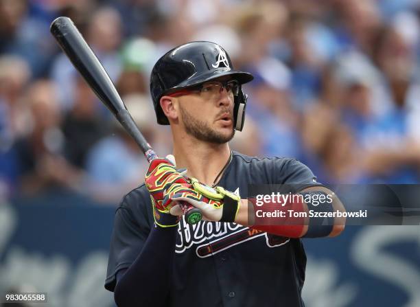 Tyler Flowers of the Atlanta Braves during his at bat in the third inning during MLB game action against the Toronto Blue Jays at Rogers Centre on...