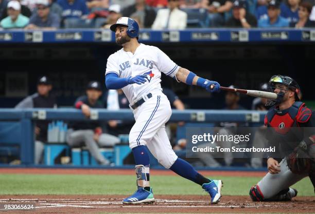 Kevin Pillar of the Toronto Blue Jays bats in the first inning during MLB game action against the Atlanta Braves at Rogers Centre on June 19, 2018 in...