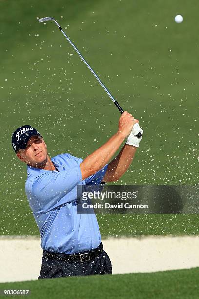 Steve Stricker plays a bunker shot during a practice round prior to the 2010 Masters Tournament at Augusta National Golf Club on April 7, 2010 in...