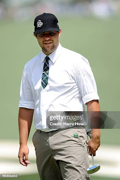 Ryan Moore watches a putt during a practice round prior to the 2010 Masters Tournament at Augusta National Golf Club on April 7, 2010 in Augusta,...