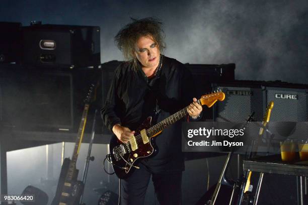 Curator Robert Smith of The Cure performs live on stage during CURÆTION-25 as part of his Meltdown Festival, at The Royal Festival Hall on June 24,...