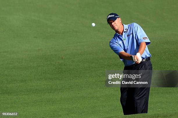 Steve Stricker hits a shot during a practice round prior to the 2010 Masters Tournament at Augusta National Golf Club on April 7, 2010 in Augusta,...