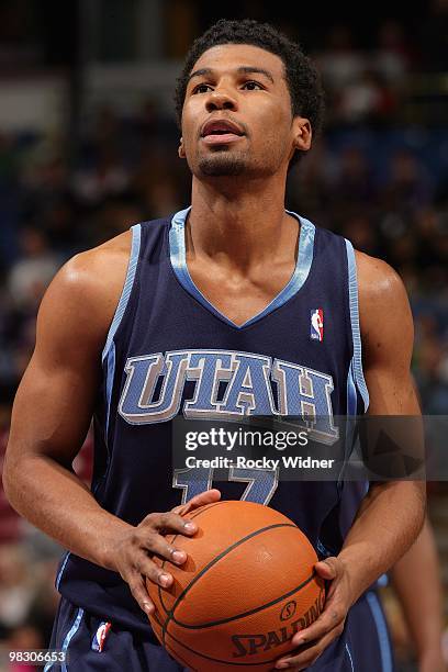 Ronnie Price of the Utah Jazz shoots a free throw against the Sacramento Kings during the game on February 26, 2010 at Arco Arena in Sacramento,...