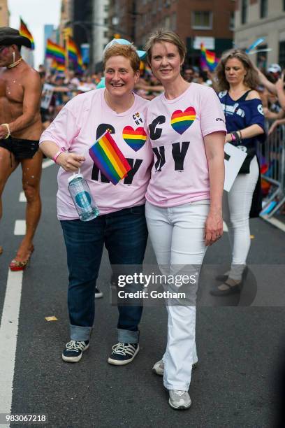 Christine Marinoni and Cynthia Nixon attend the 2018 New York City Pride March on June 24, 2018 in New York City.