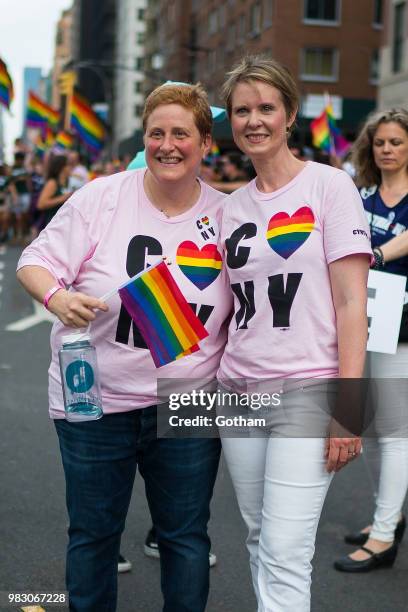 Christine Marinoni and Cynthia Nixon attend the 2018 New York City Pride March on June 24, 2018 in New York City.