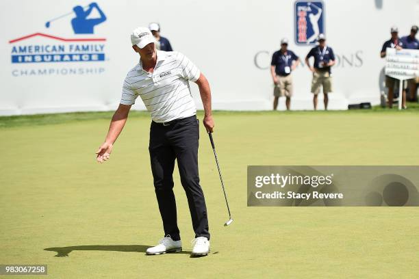 Steve Stricker reacts to a missed birdie putt on the 18th green during the third and final round of the American Family Championship at University...