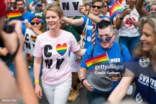 Cynthia Nixon and Lea DeLaria attend the 2018 New York City Pride March on June 24, 2018 in New York City.