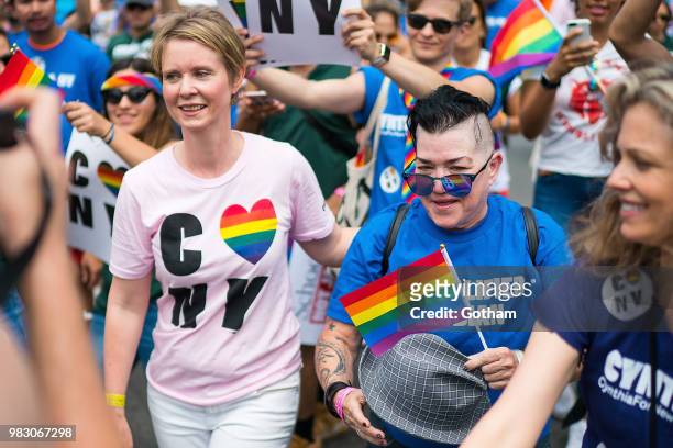 Cynthia Nixon and Lea DeLaria attend the 2018 New York City Pride March on June 24, 2018 in New York City.