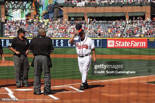Manager Bobby Cox acknowledges the crowd before the Opening Day game between the Atlanta Braves and the Chicago Cubs on April 5, 2010 in Atlanta,...